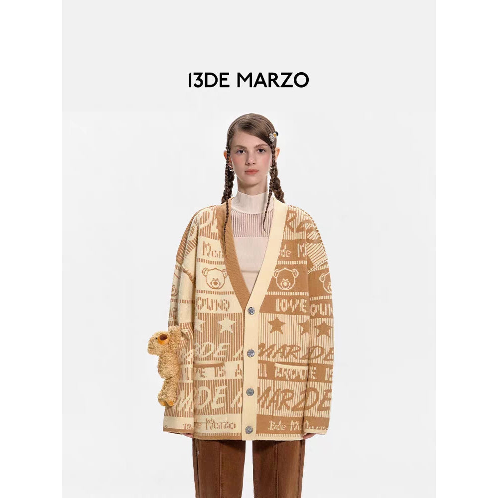 13De Marzo Jacquard Bear Weave Knit Cardigan Khaki - Mores Studio