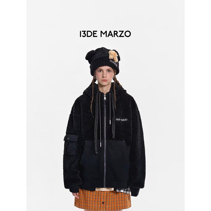13De Marzo Double Drawstring Fleece Coat Hoodie Black - Mores Studio