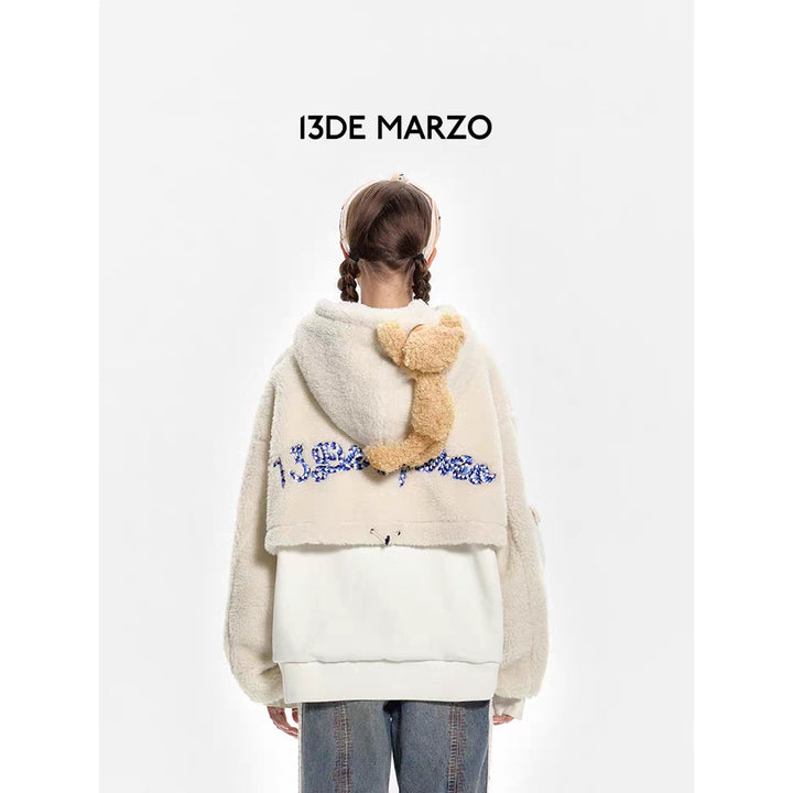13De Marzo Double Drawstring Fleece Coat Hoodie White - Mores Studio