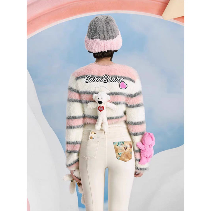 13De Marzo X Care Bears Badges Striped Furry Sweater Pink - Mores Studio