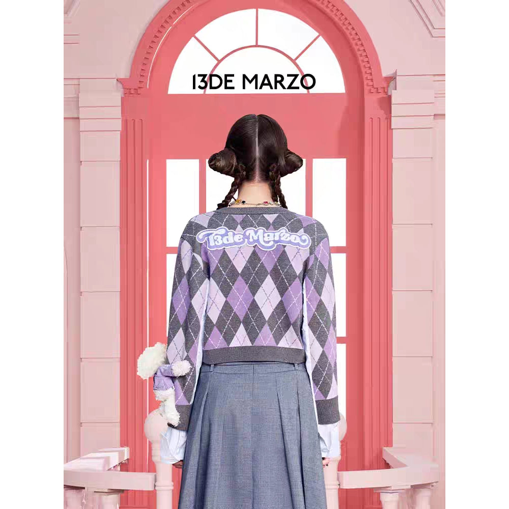 13De Marzo X Kuromi Bear Diamond Checked Knit Sweater Purple - Mores Studio