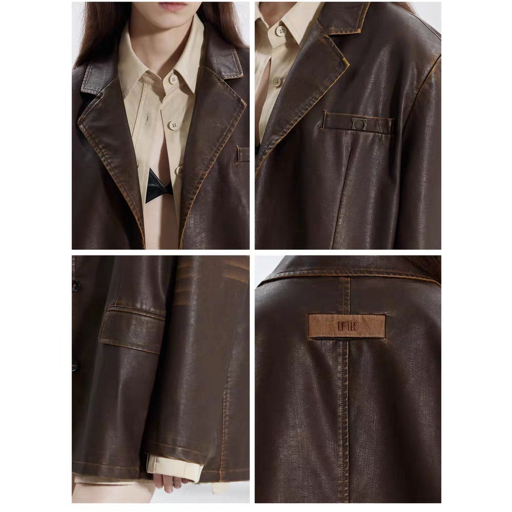 IFIK Vintage Leather Blazer Coat Brown - Mores Studio
