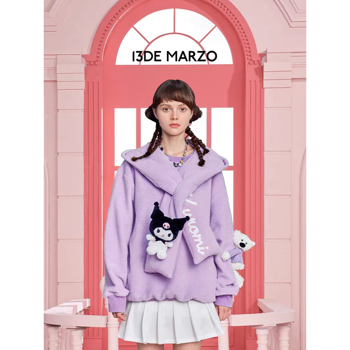 13De Marzo X Kuromi Bear Scarf Fleece Hoodie Purple - Mores Studio