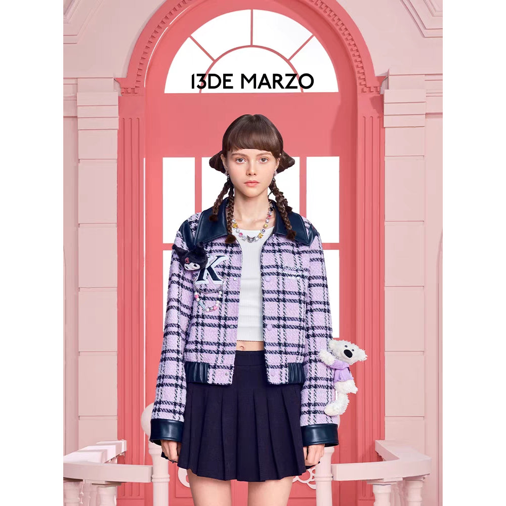 13De Marzo X Kuromi Bear Plaid Tweed Short Jacket Purple - Mores Studio