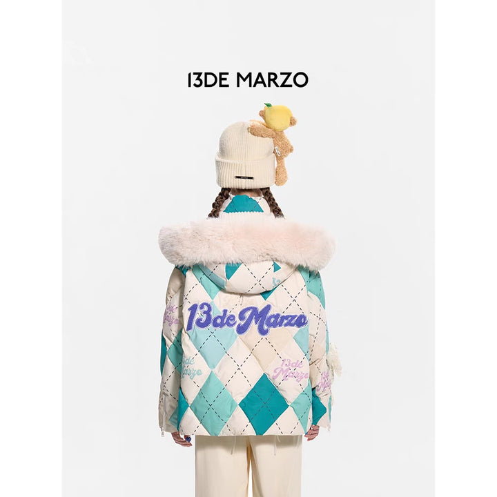 13De Marzo Diamond Checked Down Jacket Green - Mores Studio