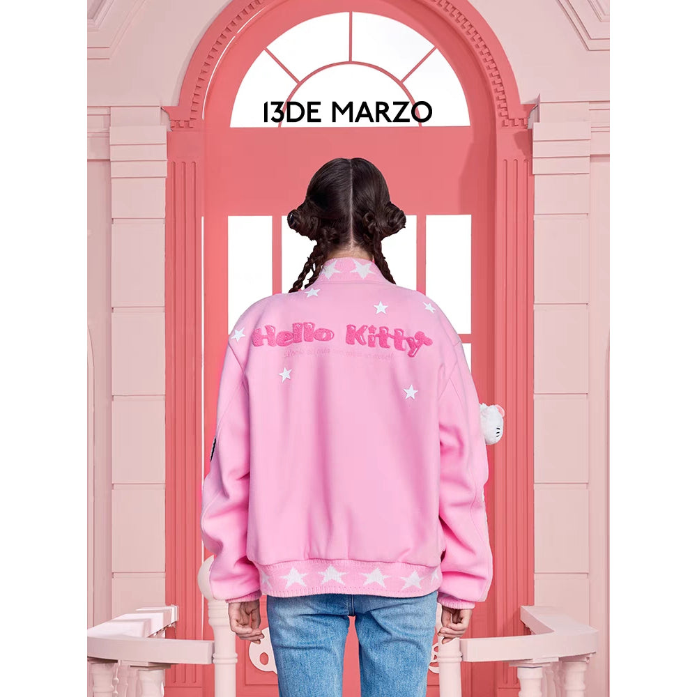 13De Marzo X Hello Kitty Plush Bear Baseball Jacket Pink - Mores Studio