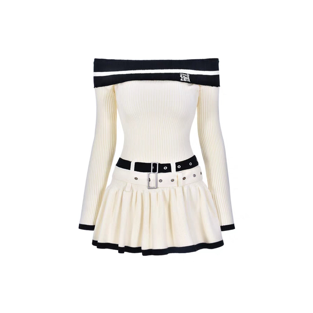 AGAM Off-Shoulder Double Waist Knit Dress Cream - Mores Studio