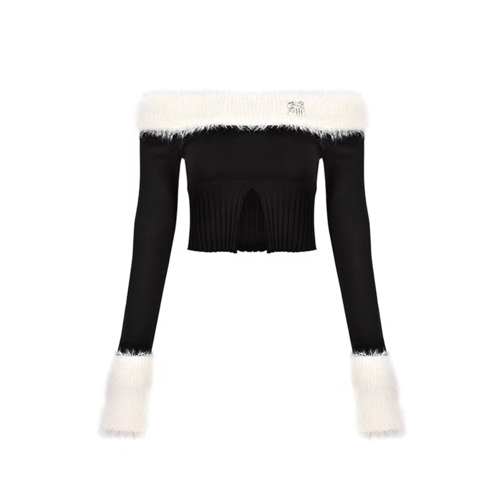 AGAM Color Blocked Off-Shoulder Split Knit Top Black - Mores Studio