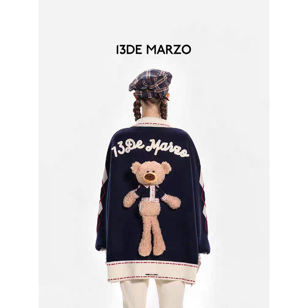 13De Marzo Plush Bear Color Blocked Lapel Cardigan - Mores Studio