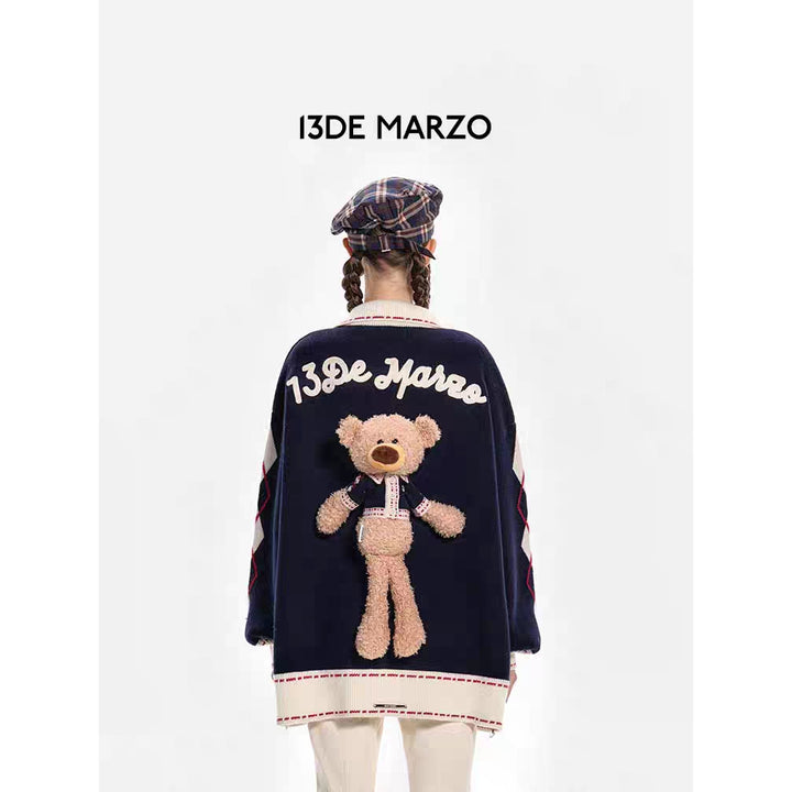 13De Marzo Plush Bear Color Blocked Lapel Cardigan - Mores Studio