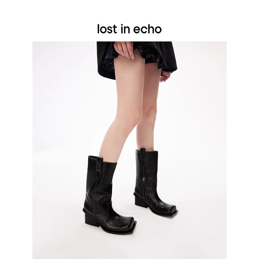 Lost In Echo Square Toe Zipper Heel Boots Black - Mores Studio