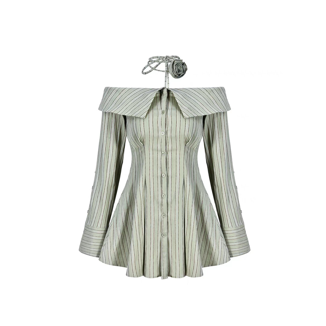 AGAM Off-Shoulder Striped Shirt Dress Green - Mores Studio