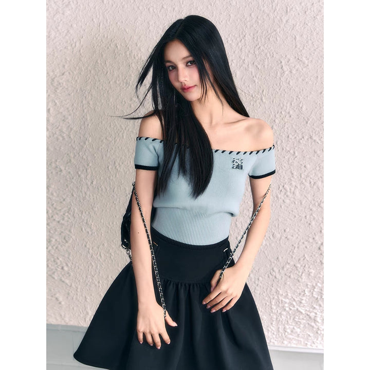 AGAM Off-Shoulder Metal Logo Knit Top - Mores Studio