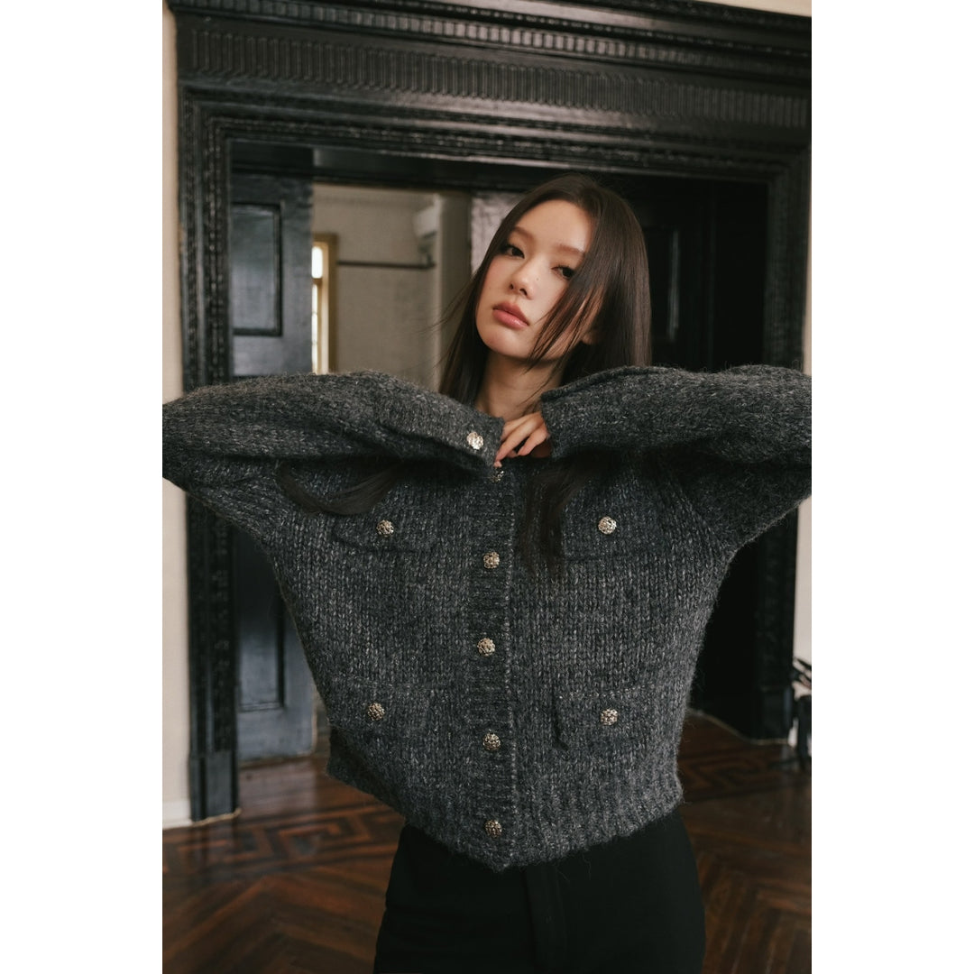 Concise-White Sliver Button Knitted Cardigan Dark Grey - Mores Studio