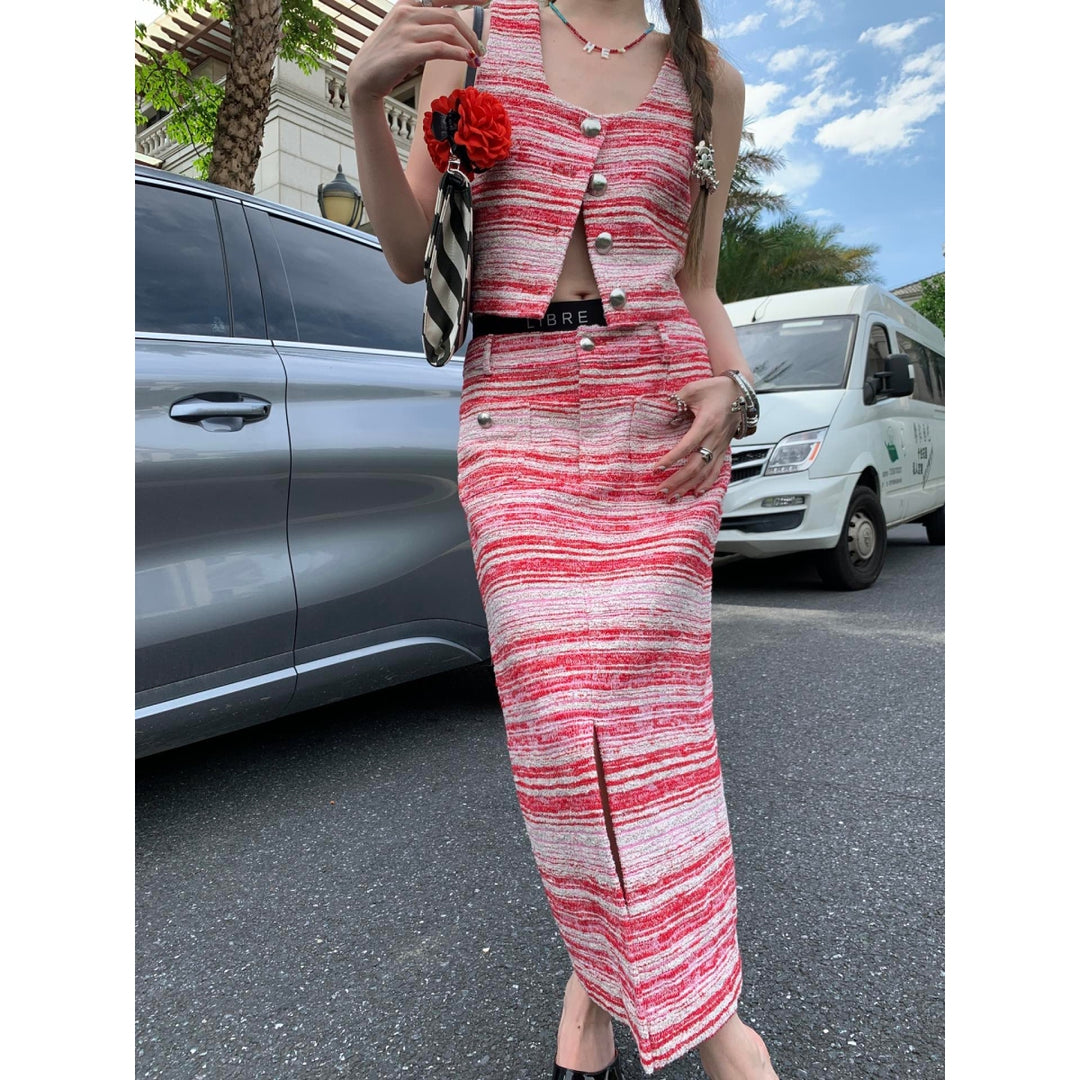 Alexia Sandra Striped Tweed Long Skirt Pink - Mores Studio