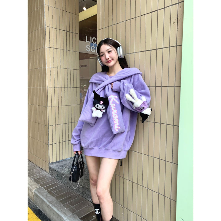 13De Marzo X Kuromi Bear Scarf Fleece Hoodie Purple - Mores Studio