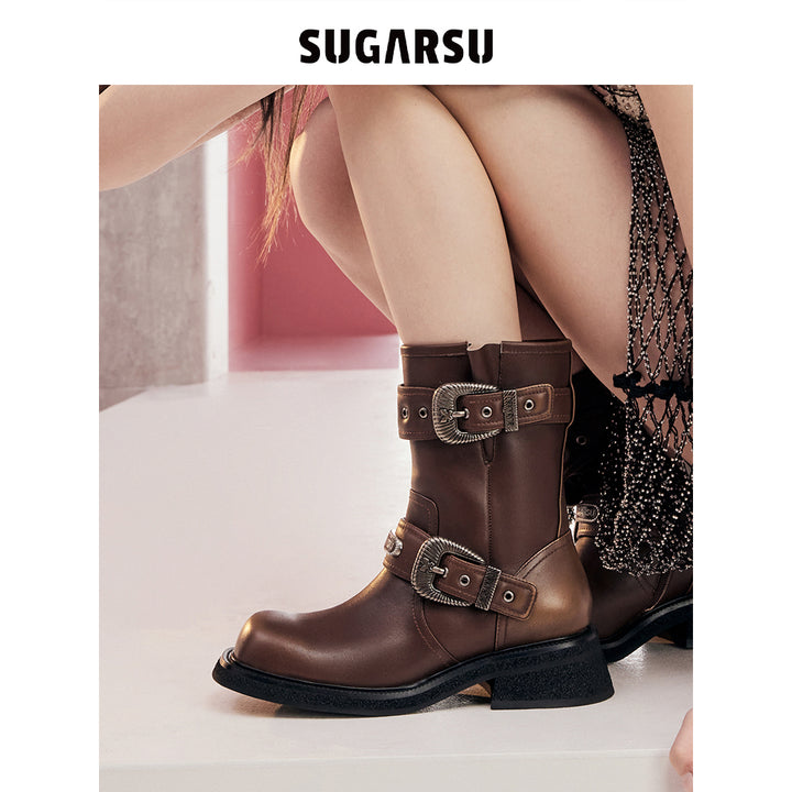 SugarSu Double Metal Buckle Leather Boots Brown - Mores Studio
