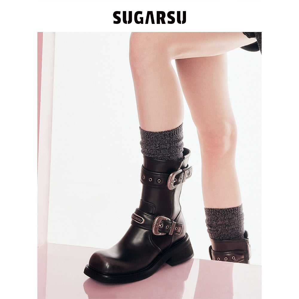 SugarSu Double Metal Buckle Leather Boots Black - Mores Studio