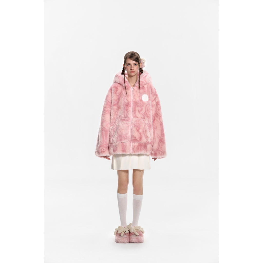 13De Marzo Artificial Fur Logo Hooded Coat Pink - Mores Studio