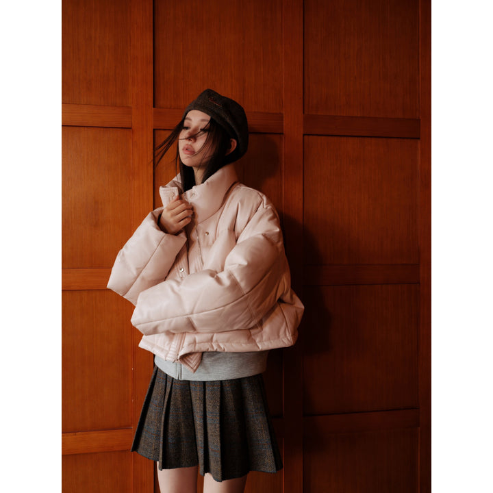 Concise-White PU Leather Puff Cropped Down Jacket Pink - Mores Studio