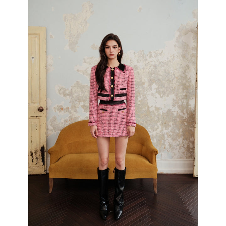 Rocha Roma Fake Lapel Acetate Paneled Tweed Jacket Pink - Mores Studio