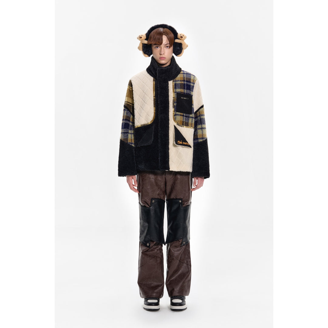 13De Marzo Plaid Patchwork Woolen Fleece Coat - Mores Studio
