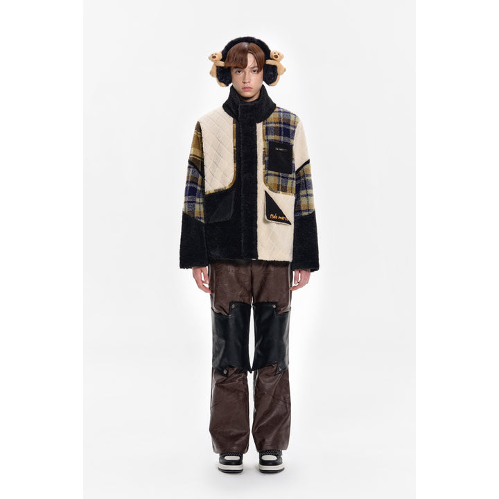 13De Marzo Plaid Patchwork Woolen Fleece Coat - Mores Studio