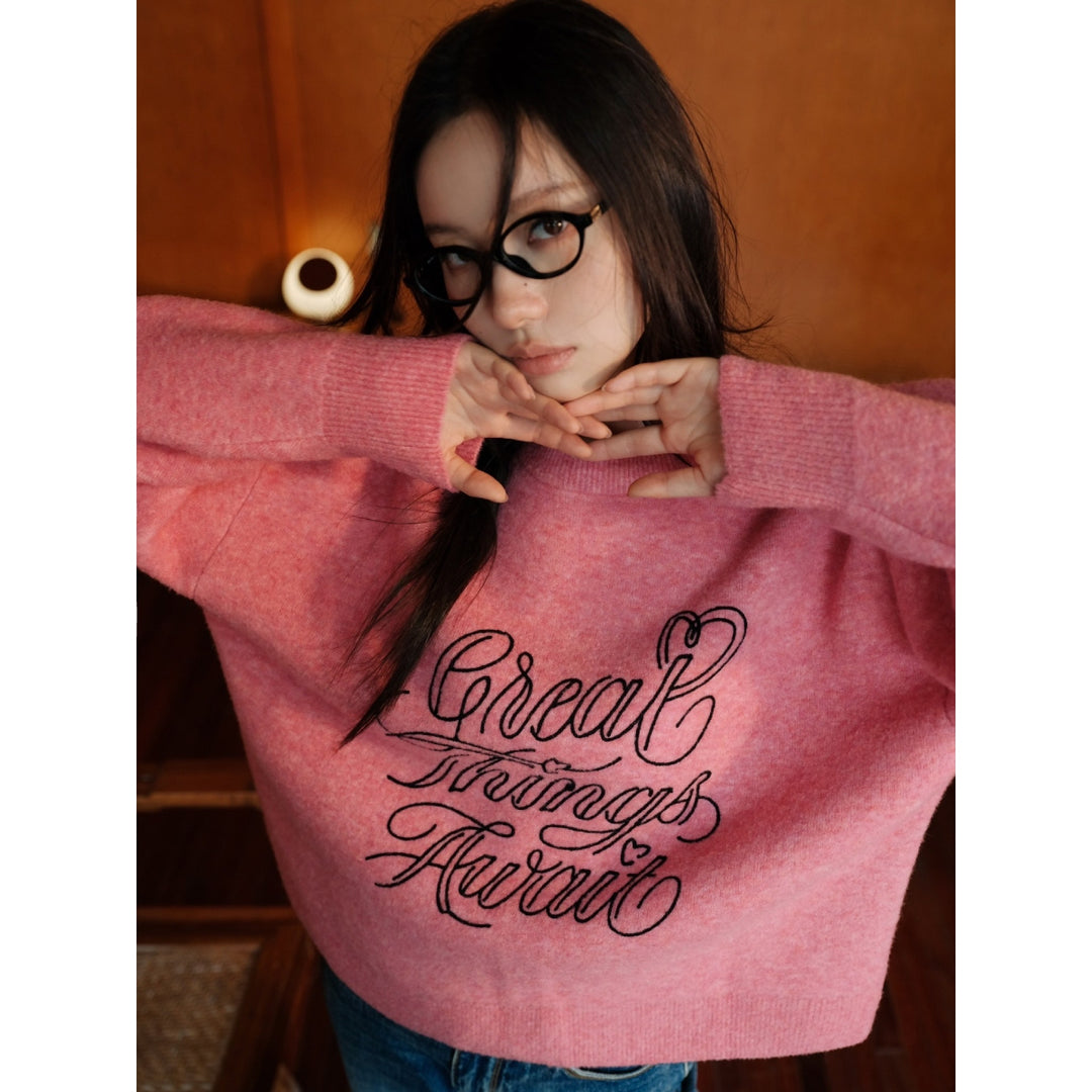 Concise-White "Great Things Await" Knit Sweater Pink - Mores Studio