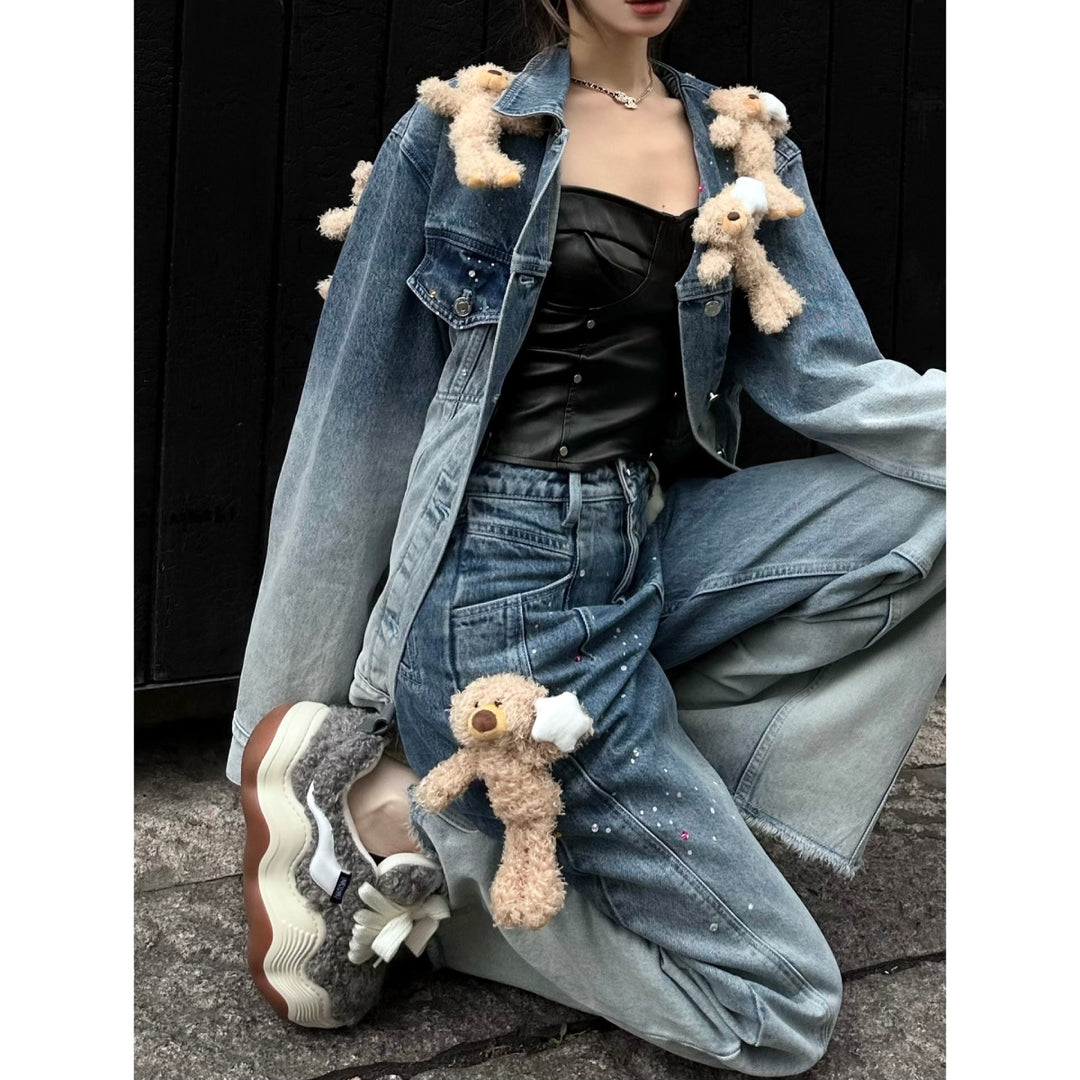 13De Marzo Luminous Star Bear Denim Jacket Blue - Mores Studio