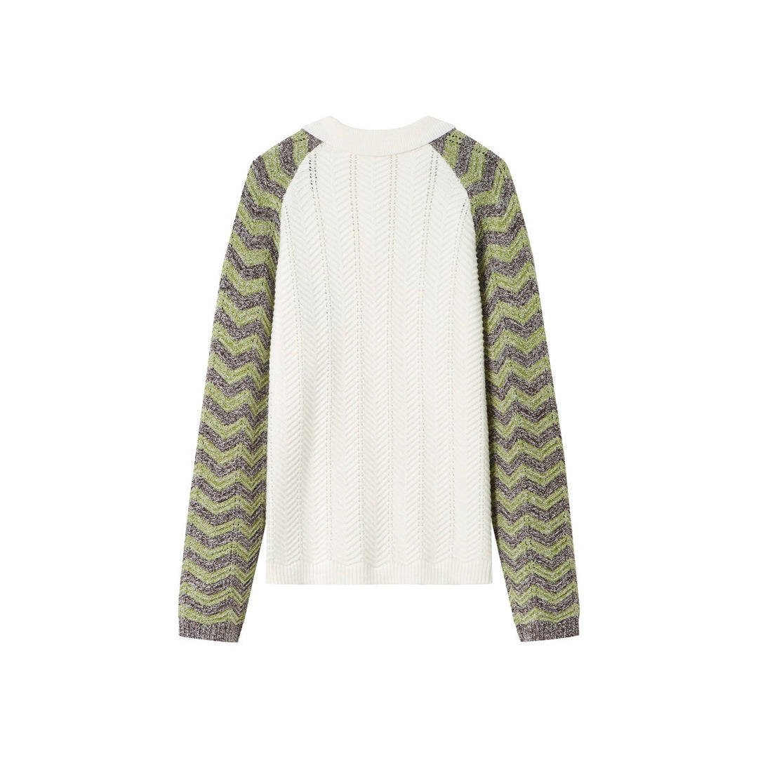 Andrea Martin Color Blocked Textured Logo Knit Polo Sweater White - Mores Studio