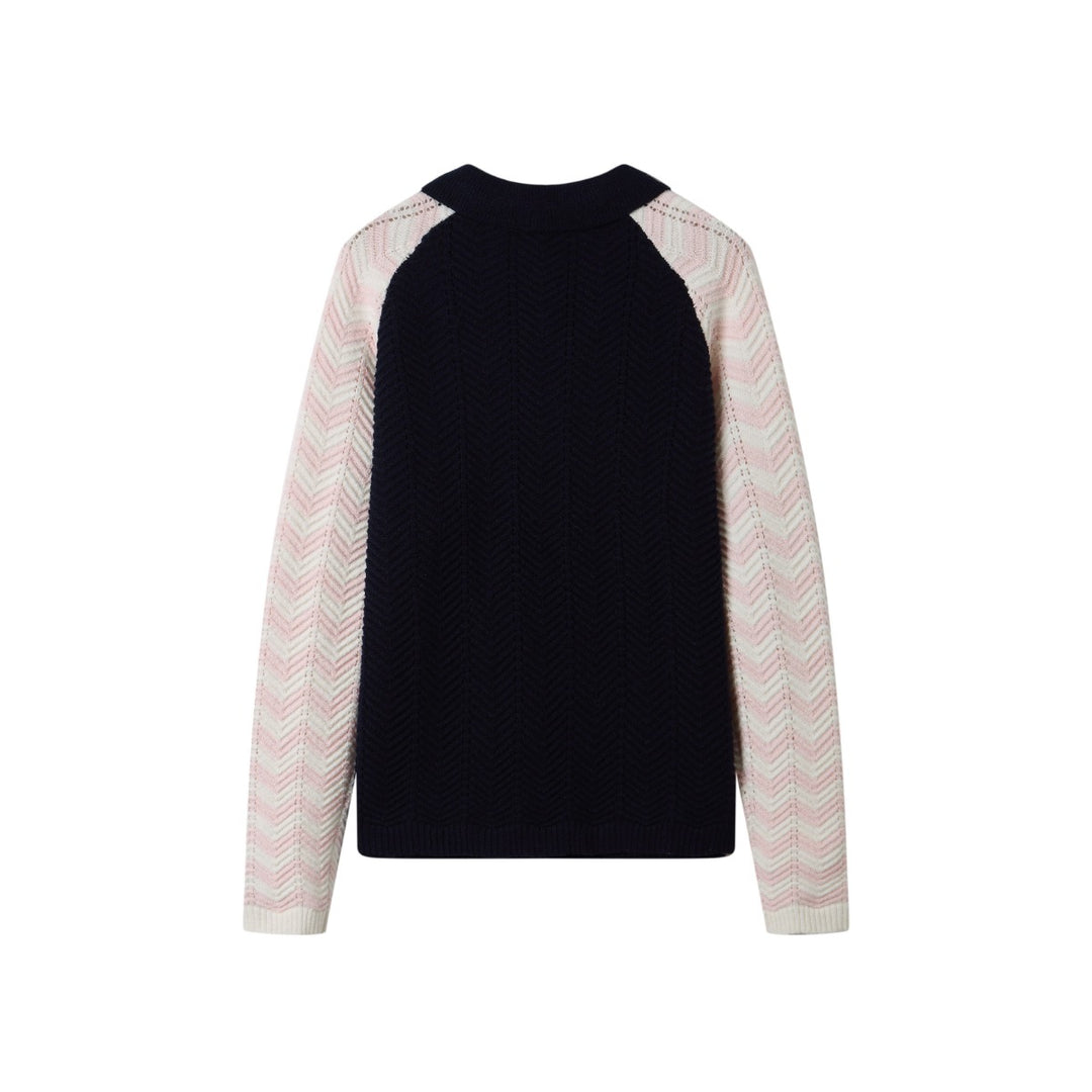 Andrea Martin Color Blocked Textured Logo Knit Polo Sweater Navy - Mores Studio