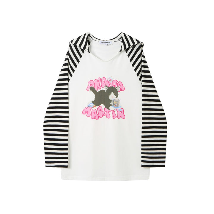 Andrea Martin Cat Printed Hooded Striped L/S Tee