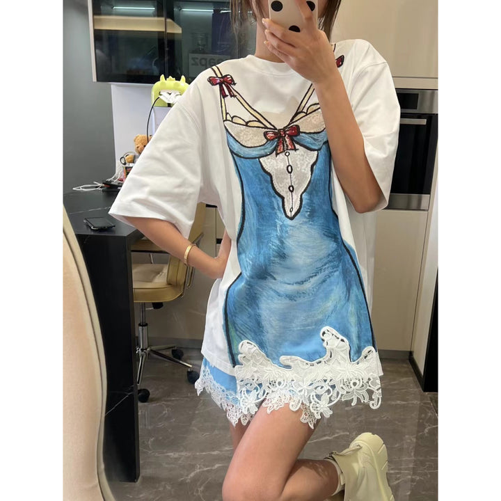 FORDARE Hand-Painted Lace Dress T-Shirt White