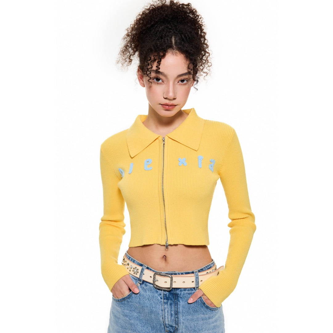 Alexia Sandra Dopamine Embroidery Logo Zipper Knit Top Yellow