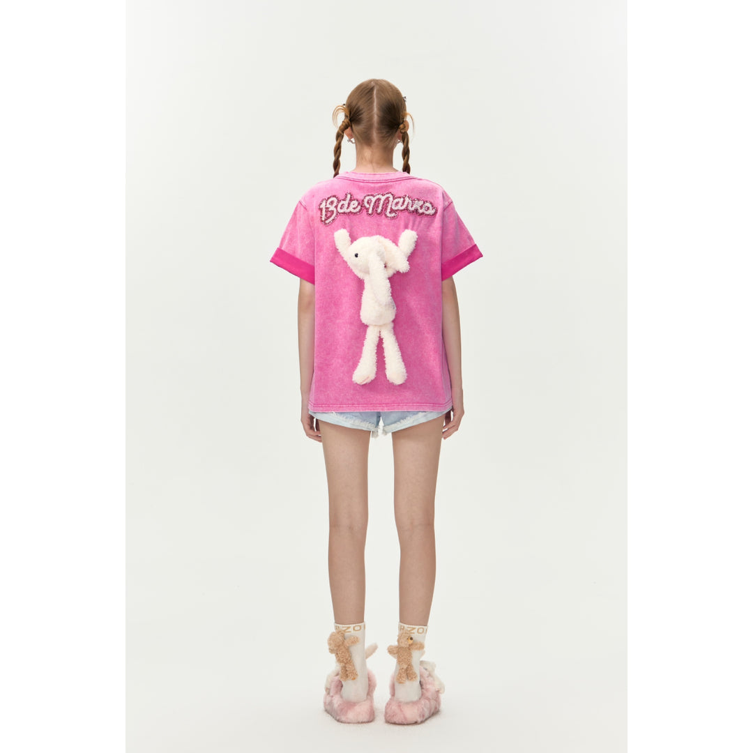 13De Marzo Plush Rabbit Sequins Logo T-Shirt Washed Pink