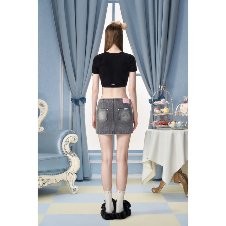 13De Marzo X PEKO Sweet Bear Low-Rise Mini Denim Skirt Gray