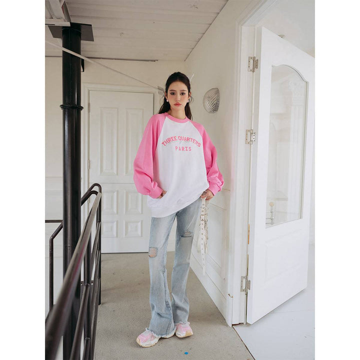 Three Quarters Rhinestone Printed Crew Neck Sweater Pink - GirlFork