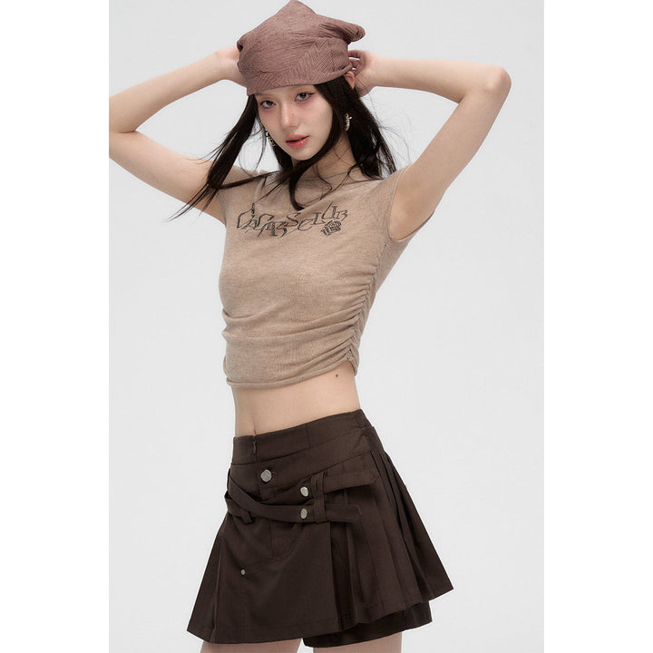 Via Pitti Crystal Logo Knit Ruched Top Light Brown - Mores Studio