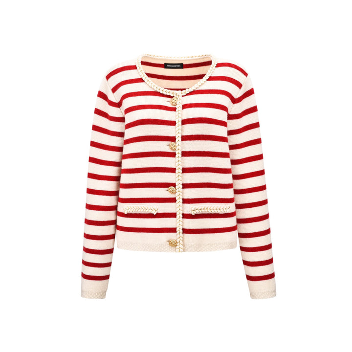 Three Quarters Striped Wool Cardigan Red - Mores Studio