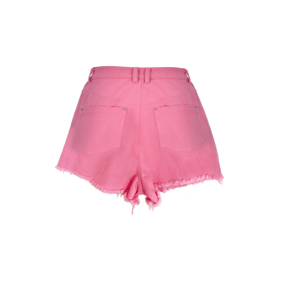 Three Quarters Misplaced Button Denim Shorts Pink - Mores Studio