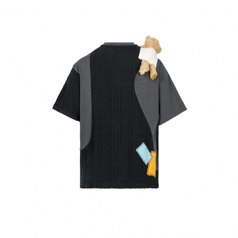 13 De Marzo Shoulder Bear Knit Patch Tee Dark Grey - GirlFork