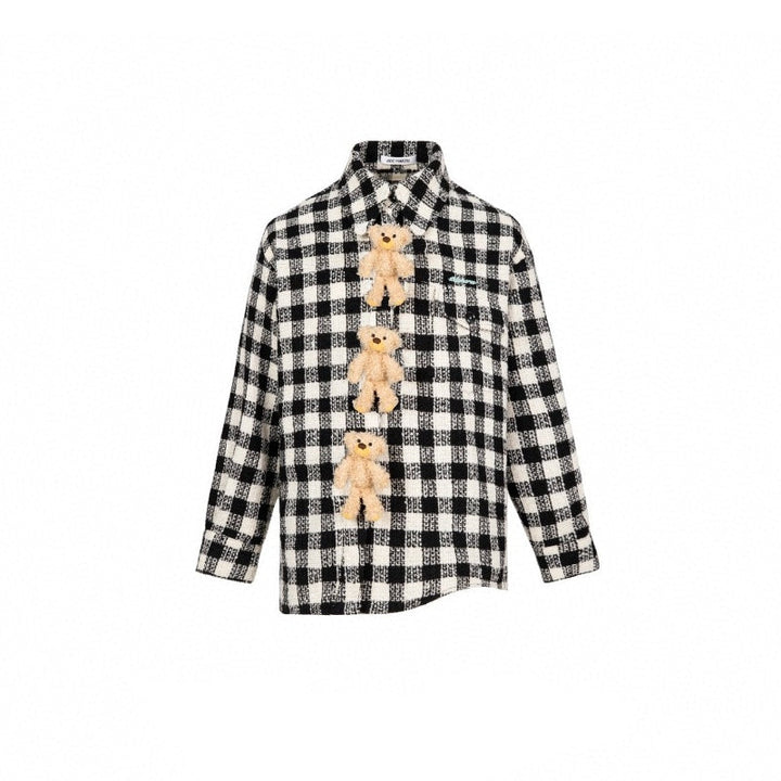 13 De Marzo Plush Bear Button Plaid Shirt Black - GirlFork