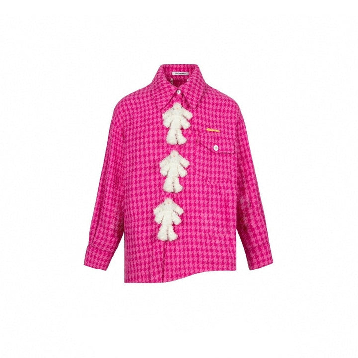 13 De Marzo Plush Rabbit Button Plaid Shirt Rose Red - GirlFork