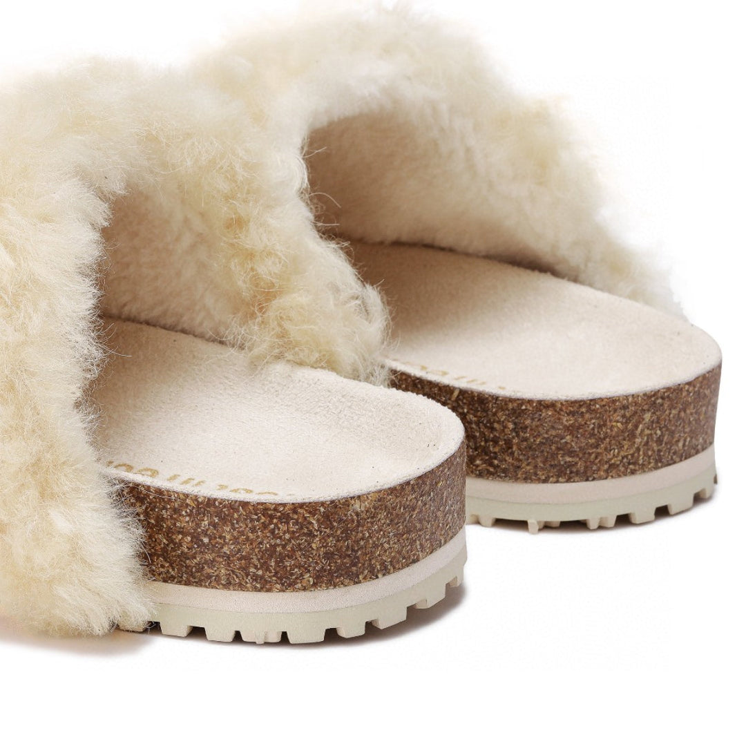 Lost In Echo Leather Strap Buckle Fluffy Slides Cream - Mores Studio