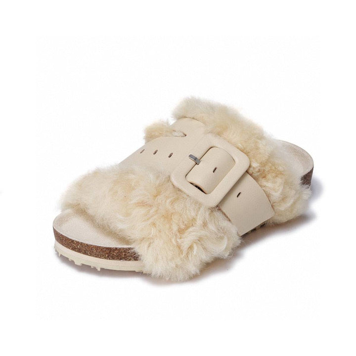 Lost In Echo Leather Strap Buckle Fluffy Slides Cream - Mores Studio