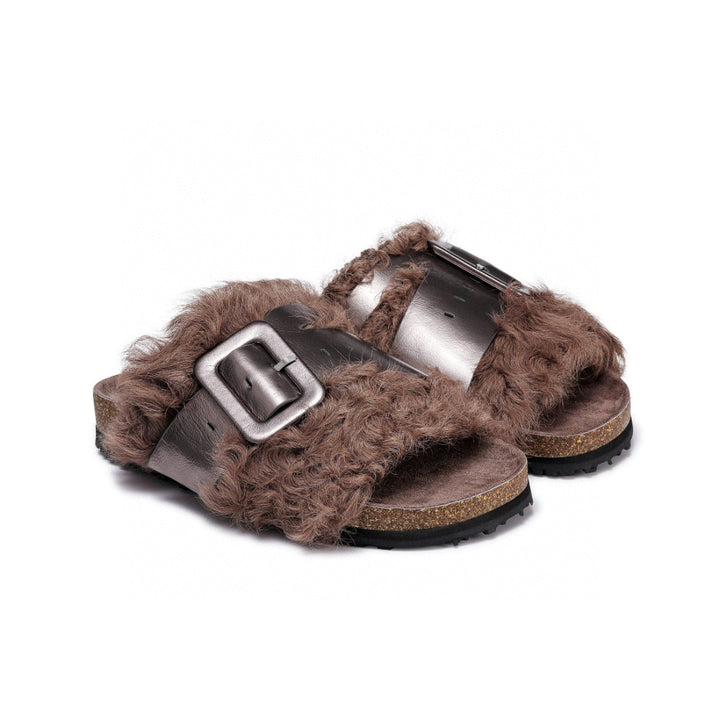 Lost In Echo Leather Strap Buckle Fluffy Slides Brown - Mores Studio