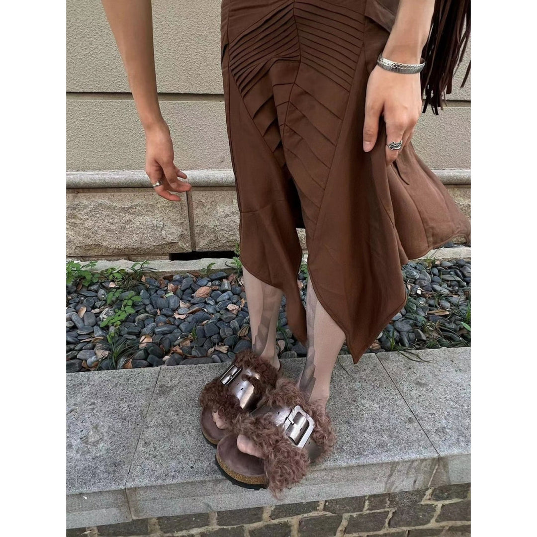 Lost In Echo Leather Strap Buckle Fluffy Slides Brown - Mores Studio