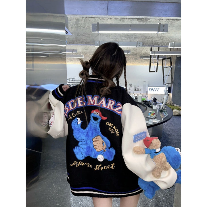 13 De Marzo Cookie Monster Bear Baseball Jacket Black - GirlFork