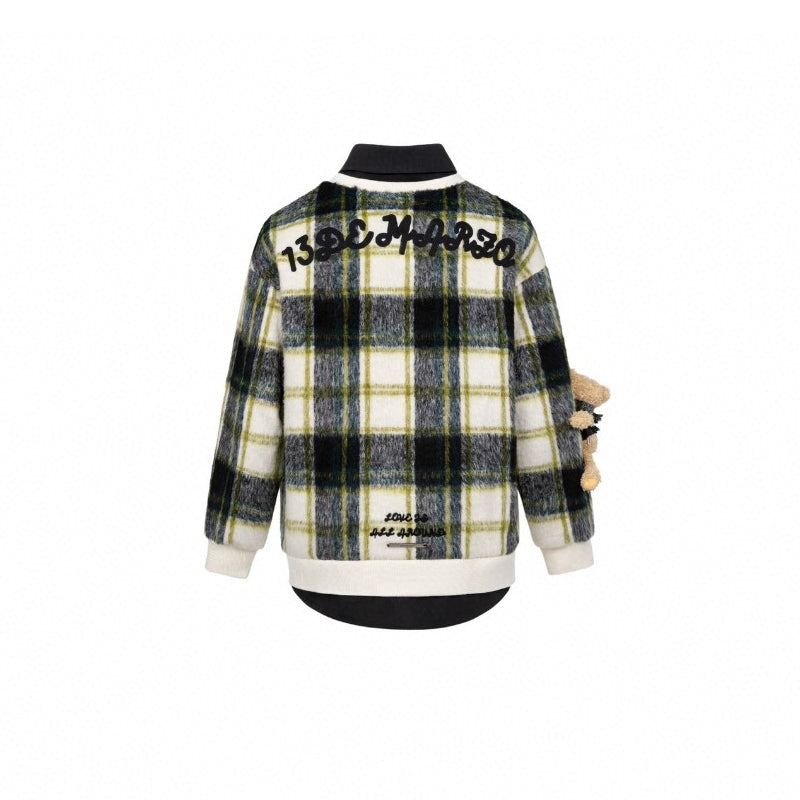 13 De Marzo Plush Bear Plaid Woolen Shirt Sweater - GirlFork
