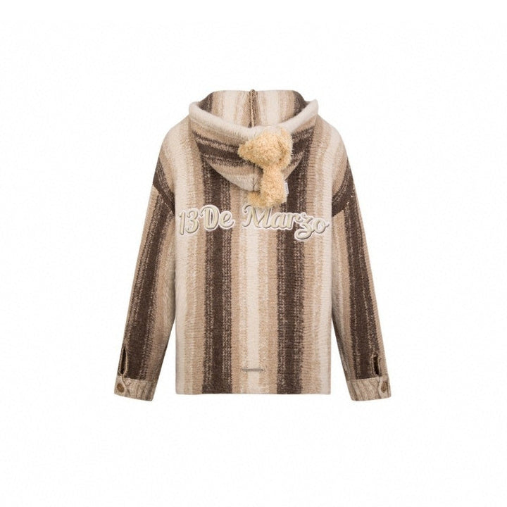 13 De Marzo Bear Striped Gradient Knit Hoodie Khaki - GirlFork